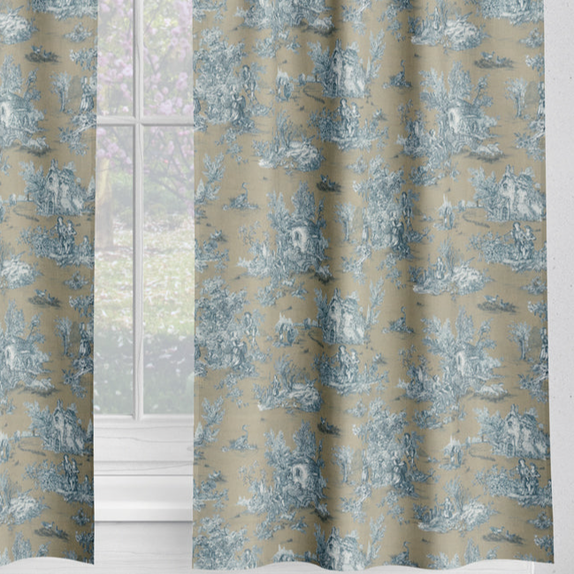 Tailored Tier Cafe Curtain Panels Pair in Pastorale #88 Blue on Beige French Country Toile