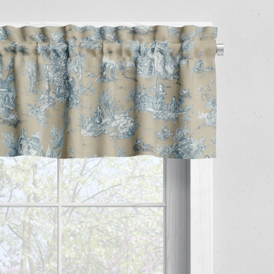 Tailored Valance in Pastorale #88 Blue on Beige French Country Toile