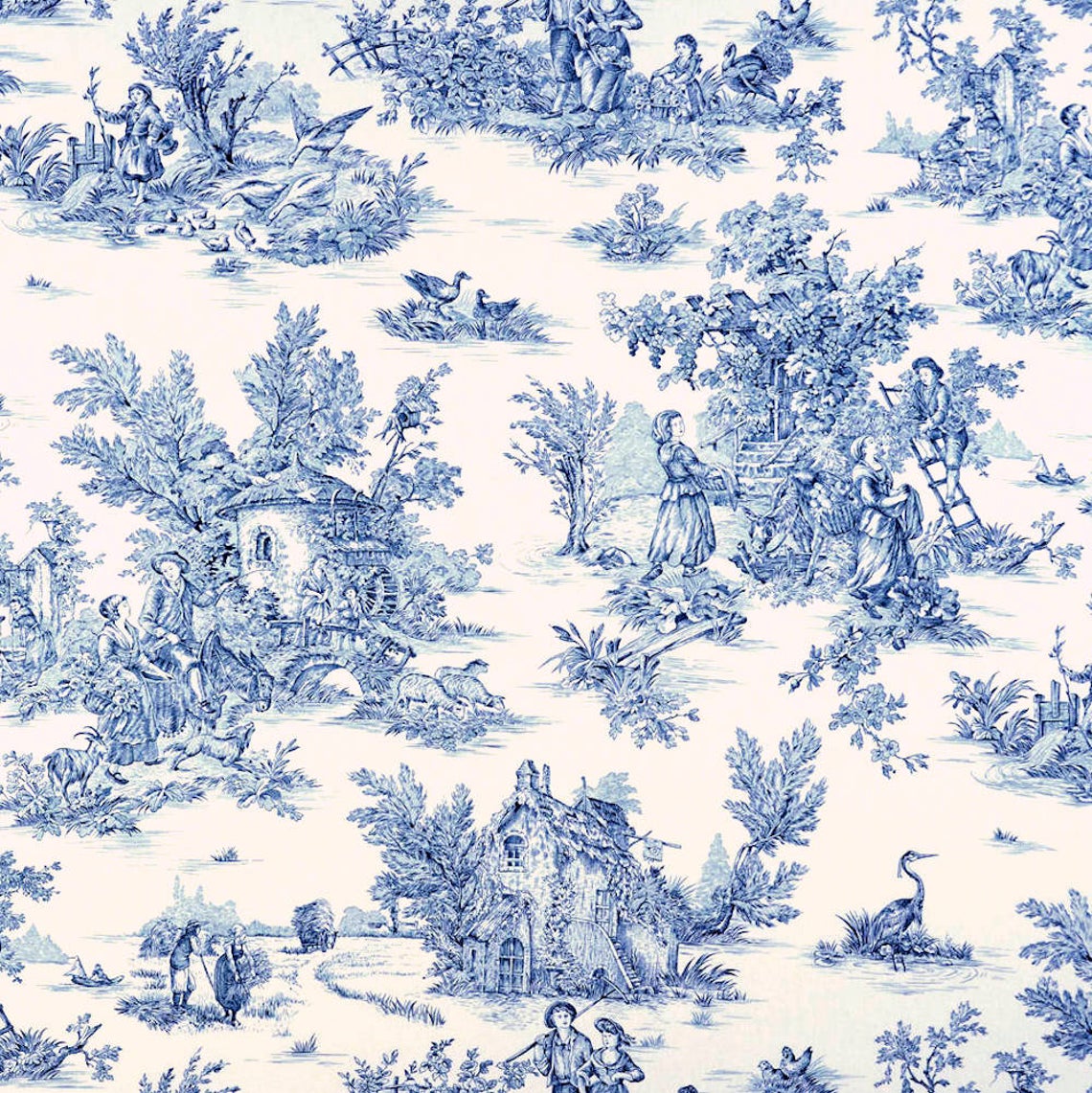 Back Tab Curtain Panels Pair in Pastorale #2 Blue on Cream French Country Toile