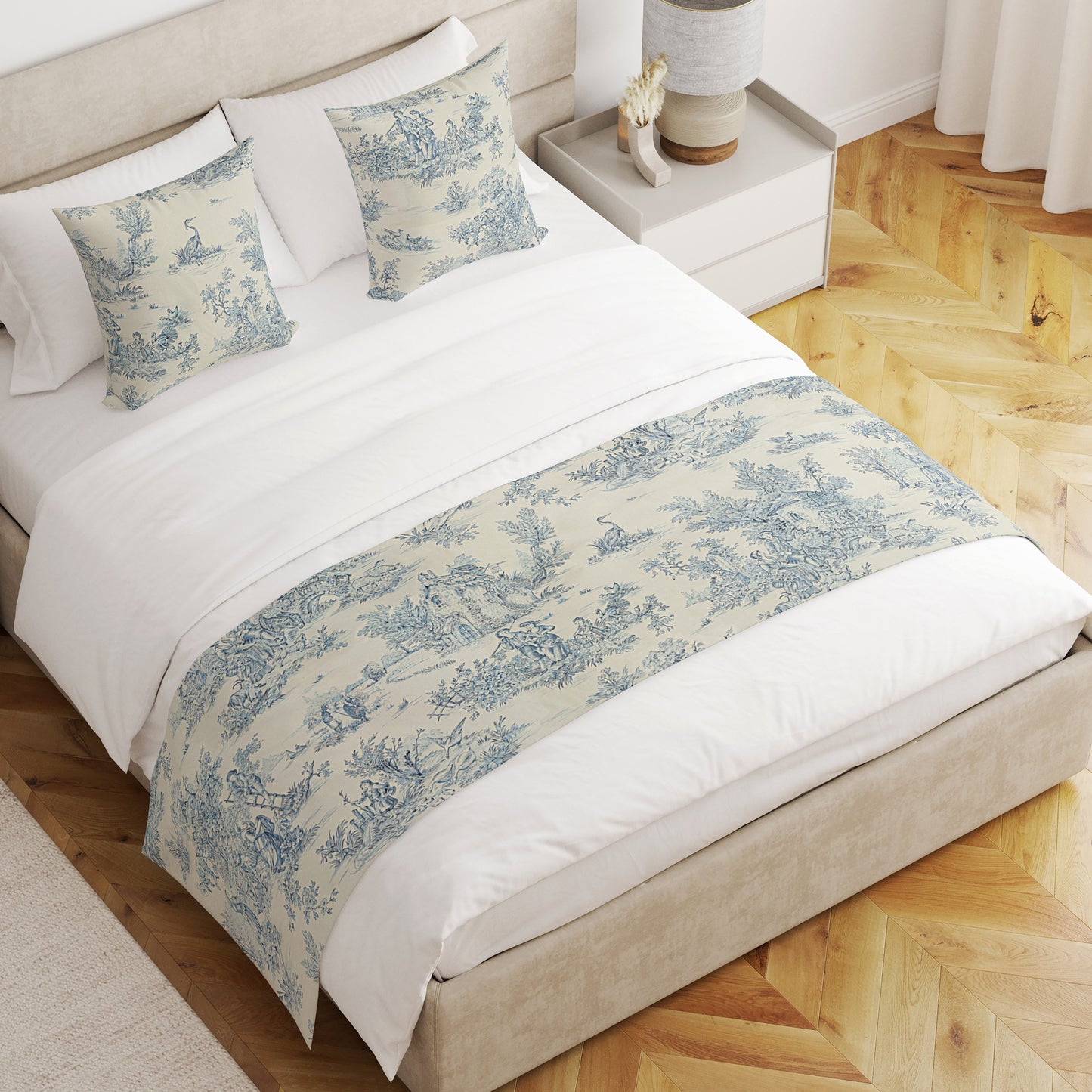 Bed Runner in Pastorale #2 Blue on Cream French Country Toile