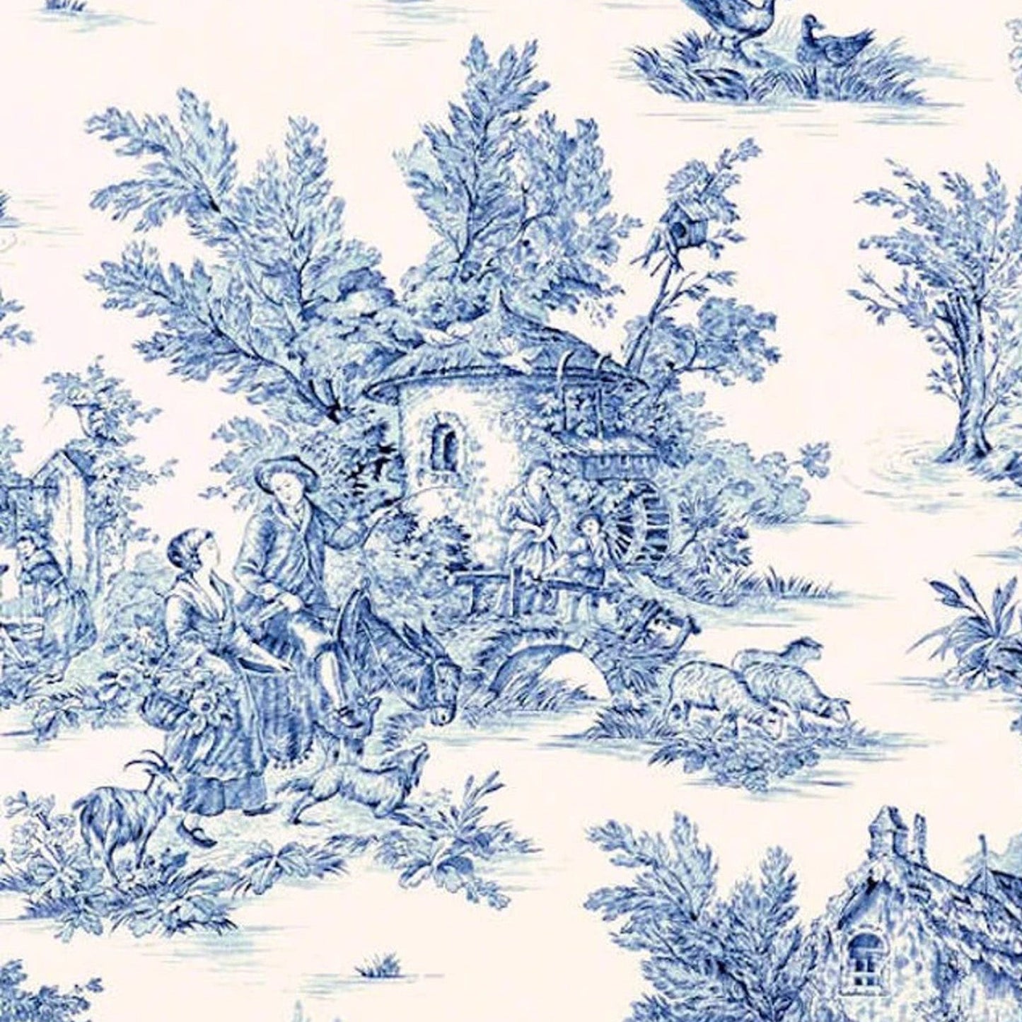 Back Tab Curtain Panels Pair in Pastorale #2 Blue on Cream French Country Toile