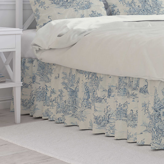 Gathered Bedskirt in Pastorale #2 Blue on Cream French Country Toile