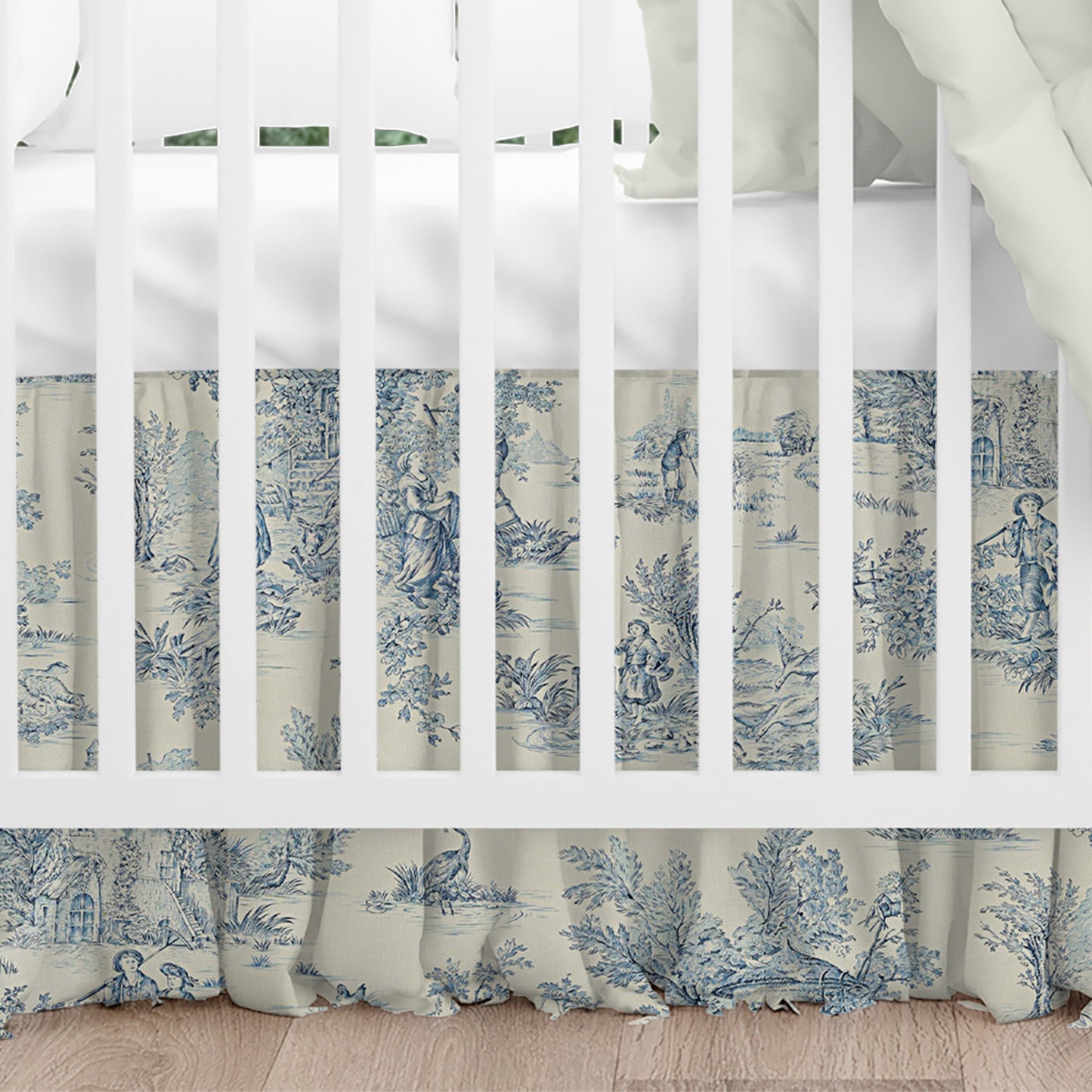 Gathered Crib Skirt in Pastorale #2 Blue on Cream French Country Toile