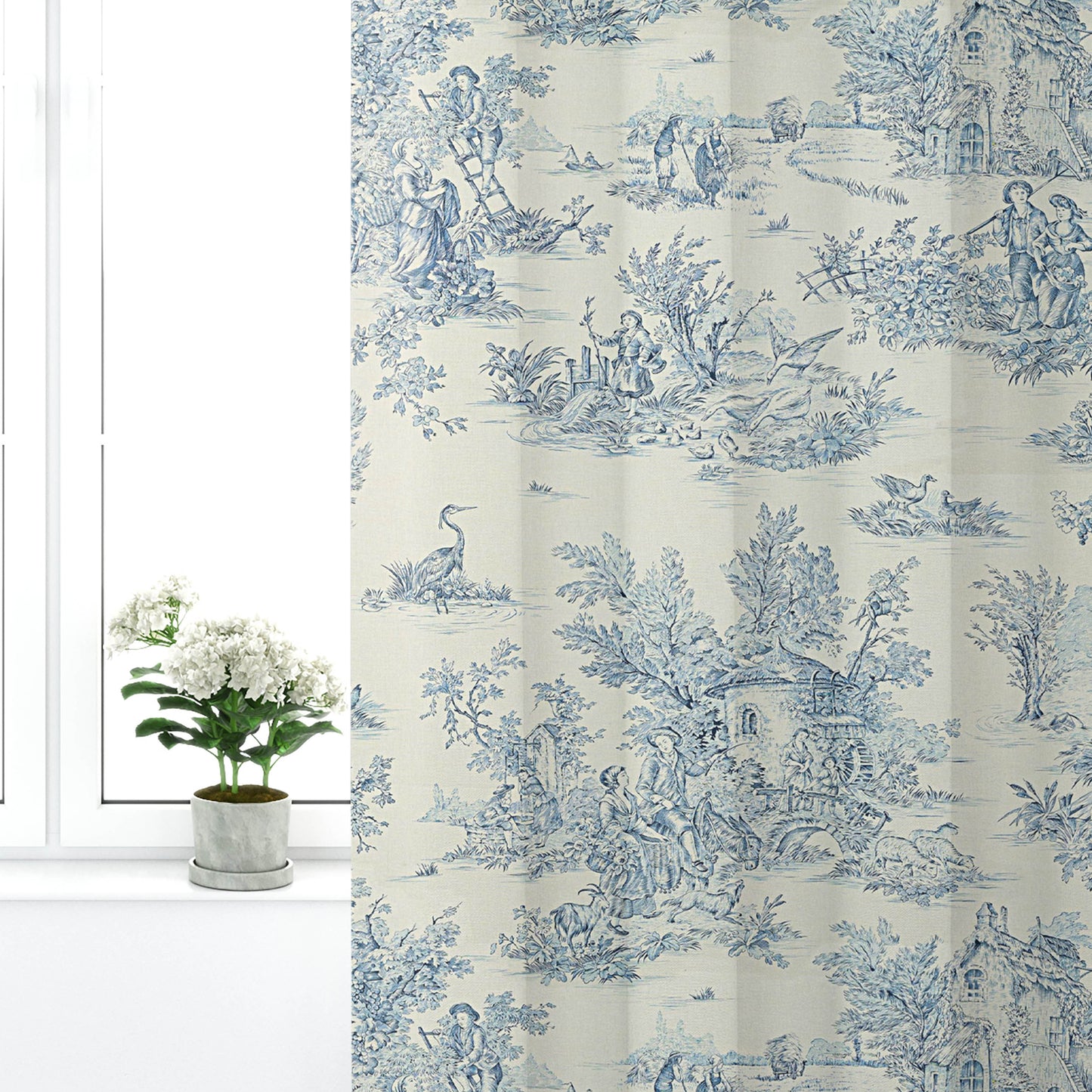 Pinch Pleated Curtain Panels Pair in Pastorale #2 Blue on Cream French Country Toile