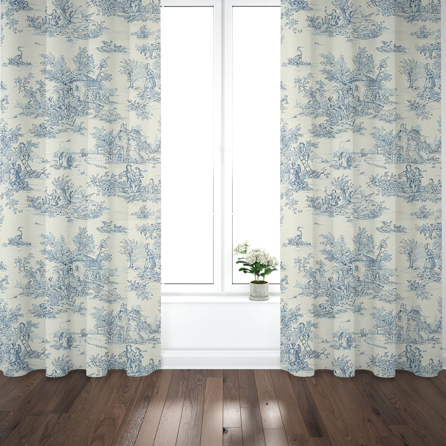 Pinch Pleated Curtain Panels Pair in Pastorale #2 Blue on Cream French Country Toile