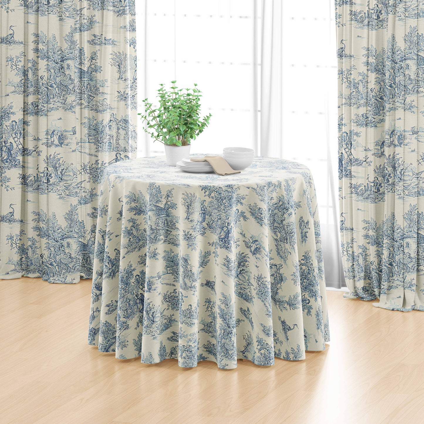 Round Tablecloth in Pastorale #2 Blue on Cream French Country Toile