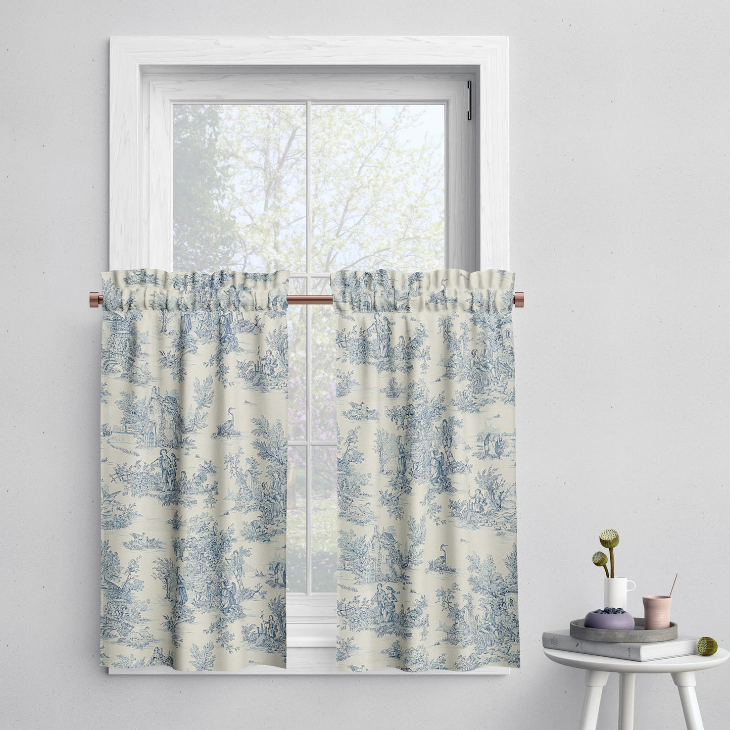 Tailored Tier Cafe Curtain Panels Pair in Pastorale #2 Blue on Cream French Country Toile