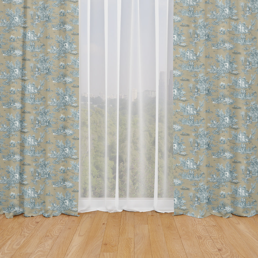 Rod Pocket Curtain Panels Pair in Pastorale #88 Blue on Beige French Country Toile