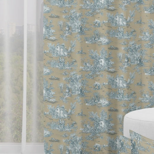 Back Tab Curtain Panels Pair in Pastorale #88 Blue on Beige French Country Toile