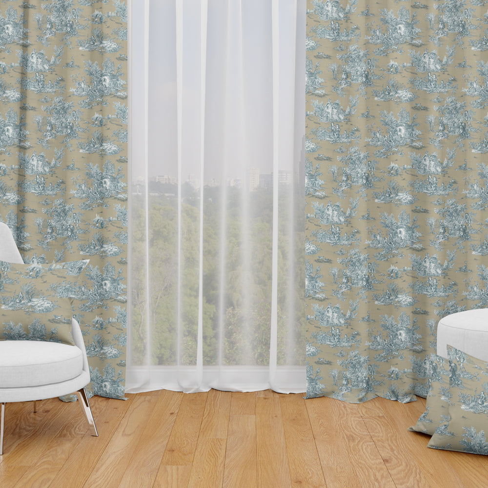 Back Tab Curtain Panels Pair in Pastorale #88 Blue on Beige French Country Toile