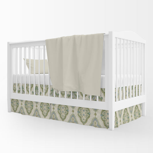 Tailored Crib Skirt in Queen Bay Green, Blue Medallion Watercolor- Large Scale