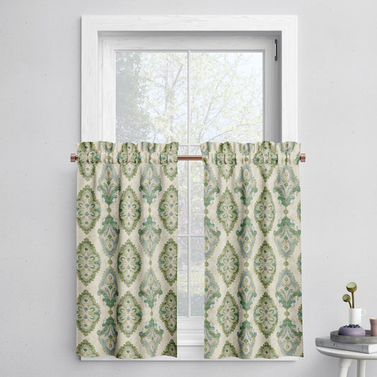 Tailored Tier Cafe Curtain Panels Pair in Queen Bay Green, Blue Medallion Watercolor- Large Scale
