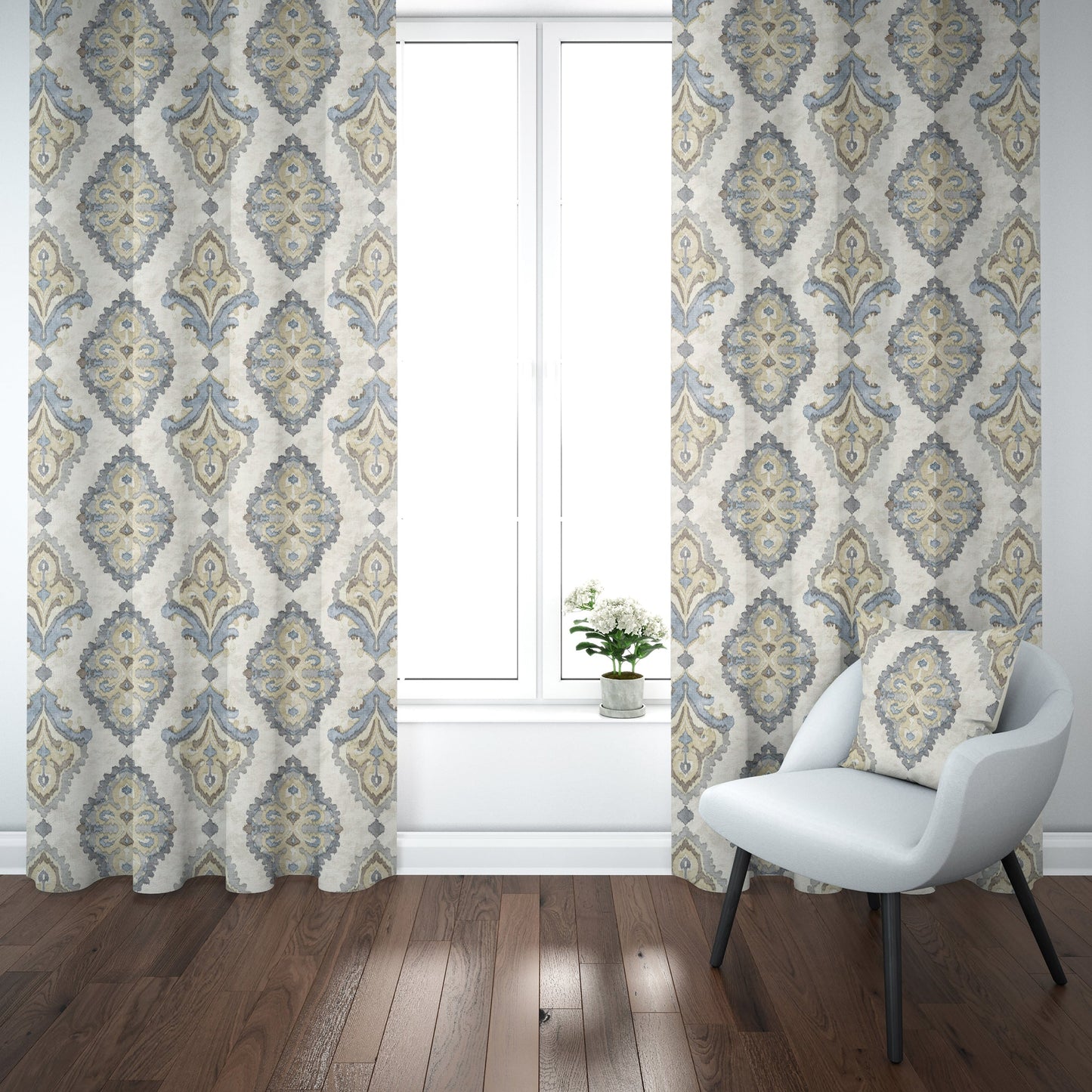 Back Tab Curtain Panels Pair in Queen Harbor Blue Medallion Watercolor- Large Scale