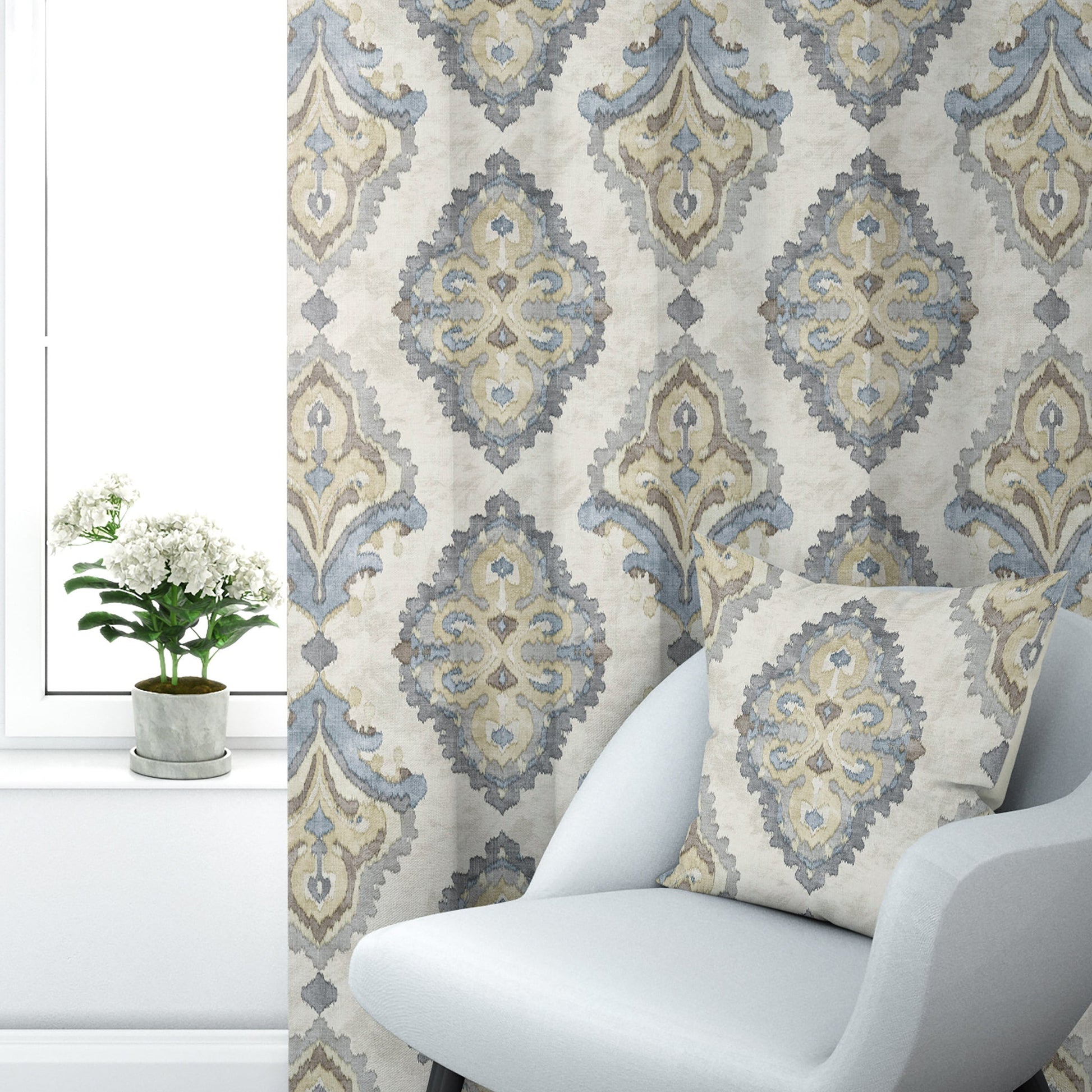 Back Tab Curtain Panels Pair in Queen Harbor Blue Medallion Watercolor- Large Scale