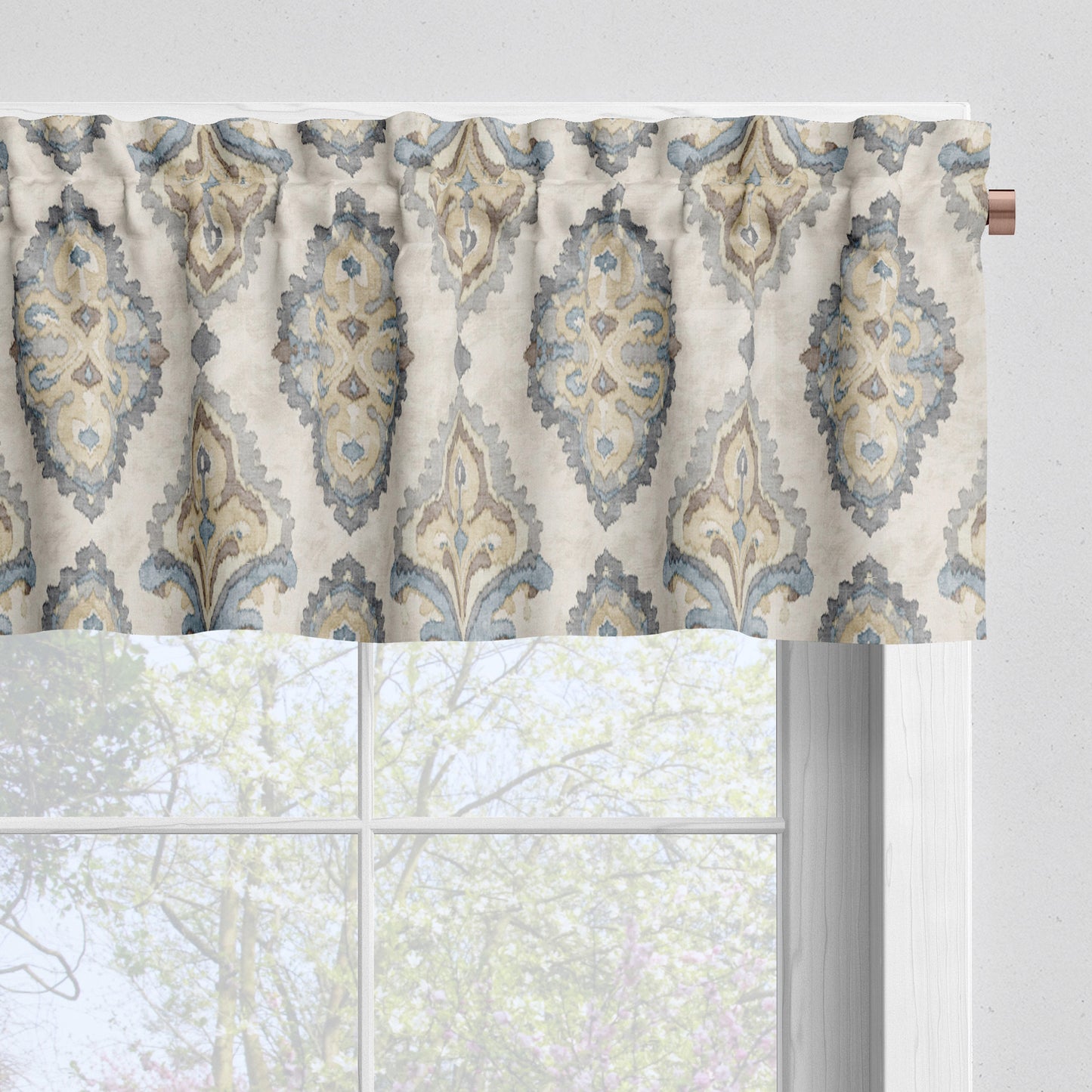 Tailored Valance in Queen Harbor Blue Medallion Watercolor- Large Scale
