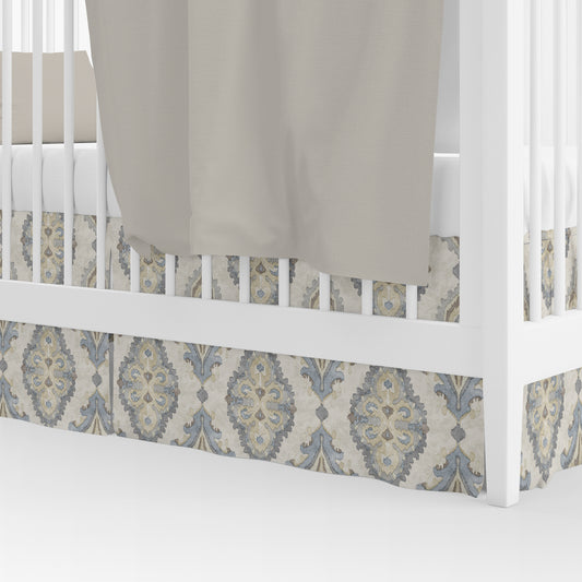 Tailored Crib Skirt in Queen Harbor Blue Medallion Watercolor- Large Scale