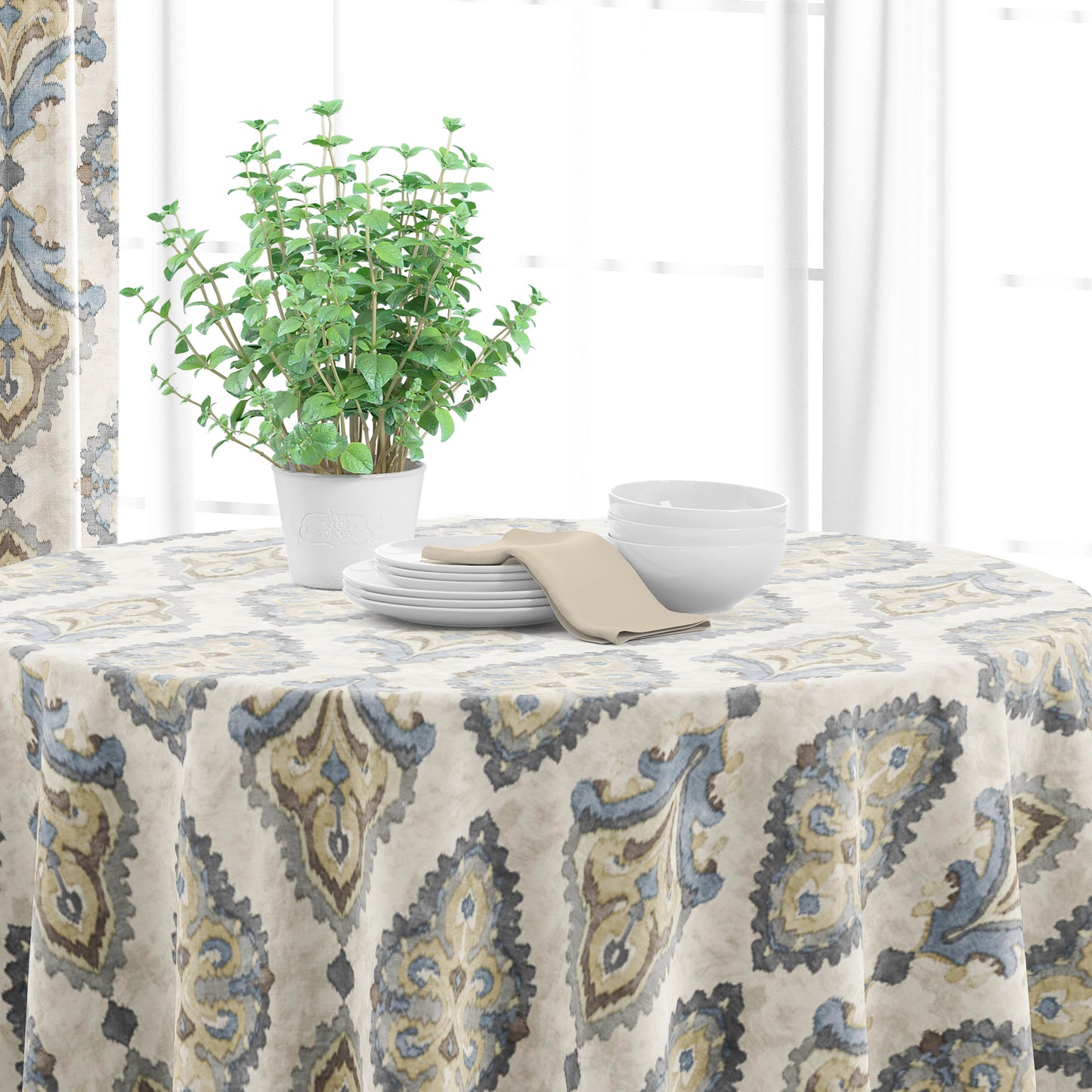 Round Tablecloth in Queen Harbor Blue Medallion Watercolor- Large Scale