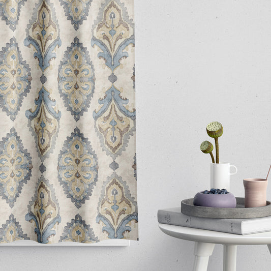 Tailored Tier Cafe Curtain Panels Pair in Queen Harbor Blue Medallion Watercolor- Large Scale