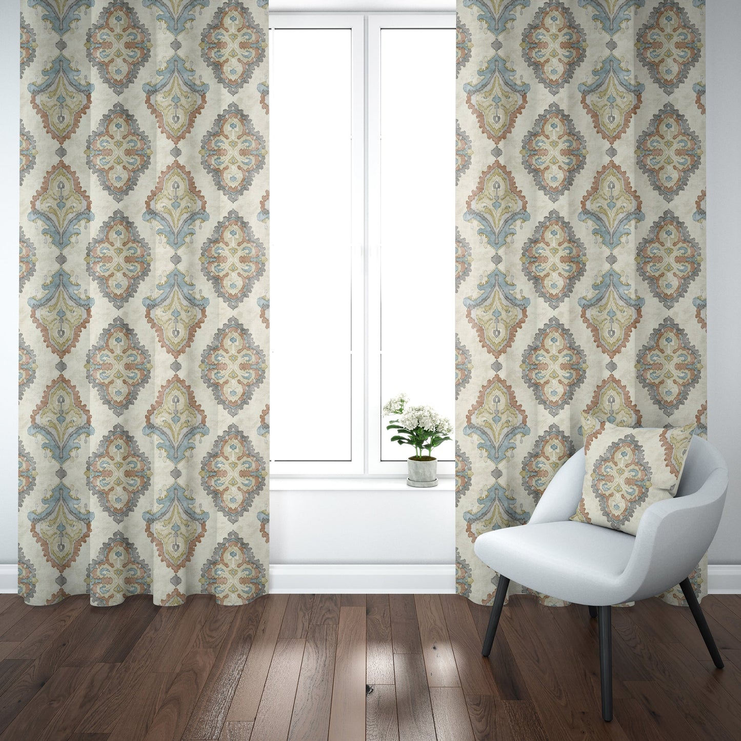 Back Tab Curtain Panels Pair in Queen Tuscan Blue and Coral Medallion Watercolor- Large Scale