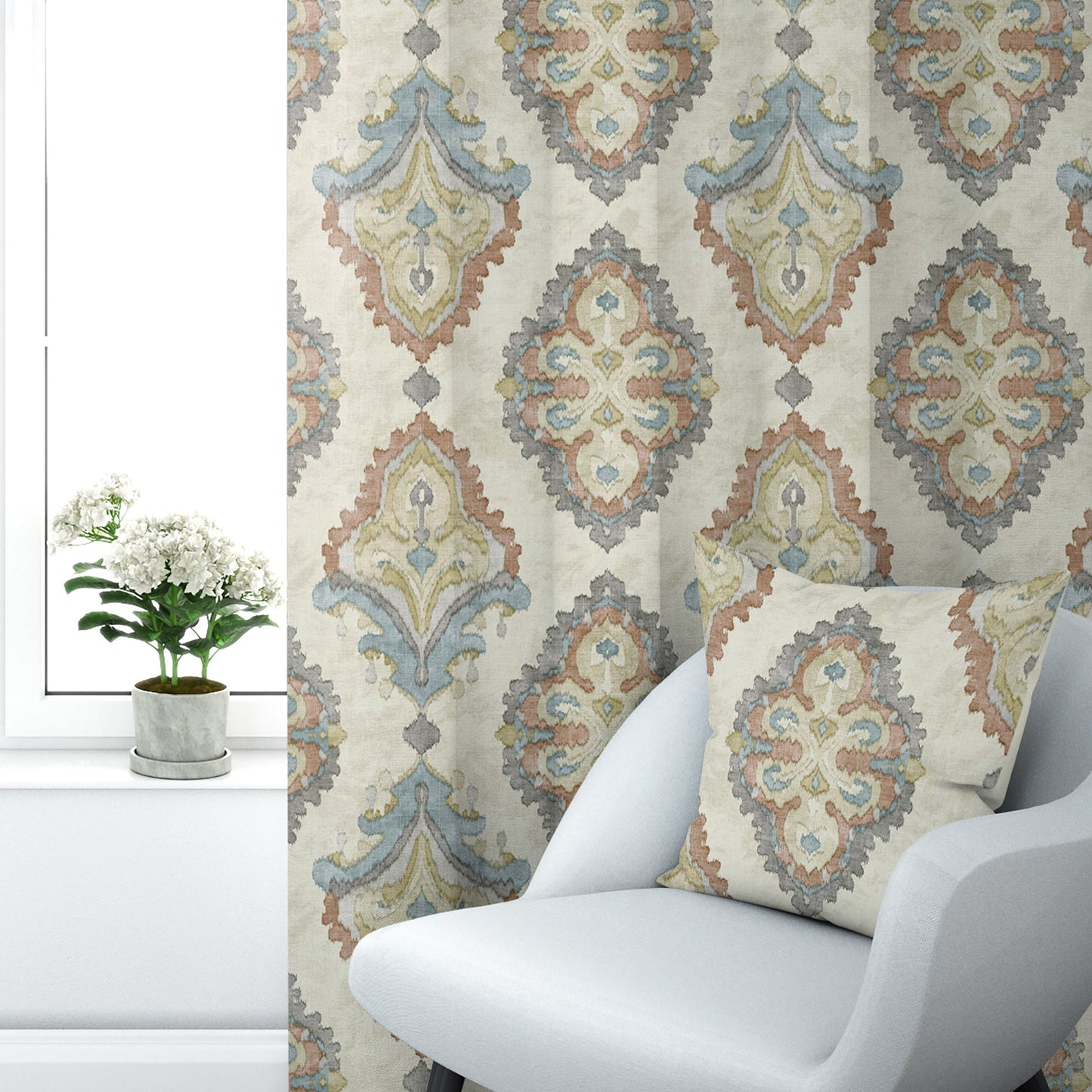 Back Tab Curtain Panels Pair in Queen Tuscan Blue and Coral Medallion Watercolor- Large Scale