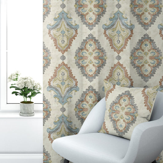 Back Tab Curtain Panels Pair in Queen Tuscan Blue and Coral Medallion Watercolor- Large Scale