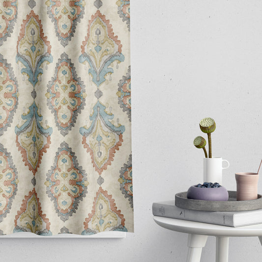 Tailored Tier Cafe Curtain Panels Pair in Queen Tuscan Blue and Coral Medallion Watercolor- Large Scale