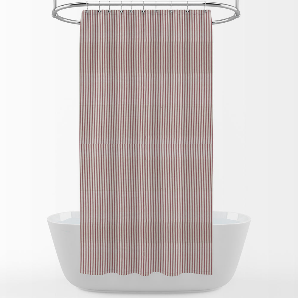 Stall (Narrow) Shower Curtain in Farmhouse Red Traditional Ticking Stripe on Beige