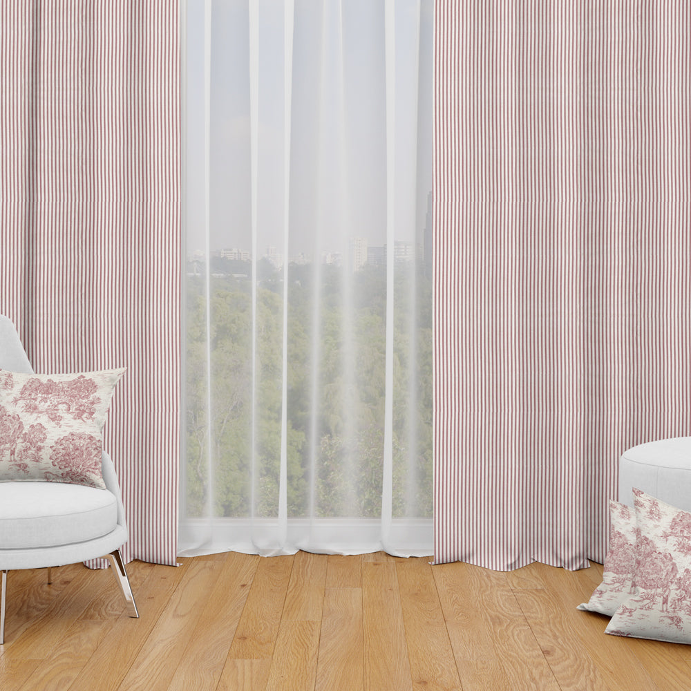 Back Tab Curtain Panels Pairs in Berlin Red Ticking Stripe on Beige