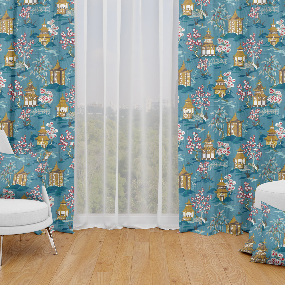 Back Tab Curtain Panels Pair in Shoji Azure Blue Oriental Toile Multicolor Chinoiserie