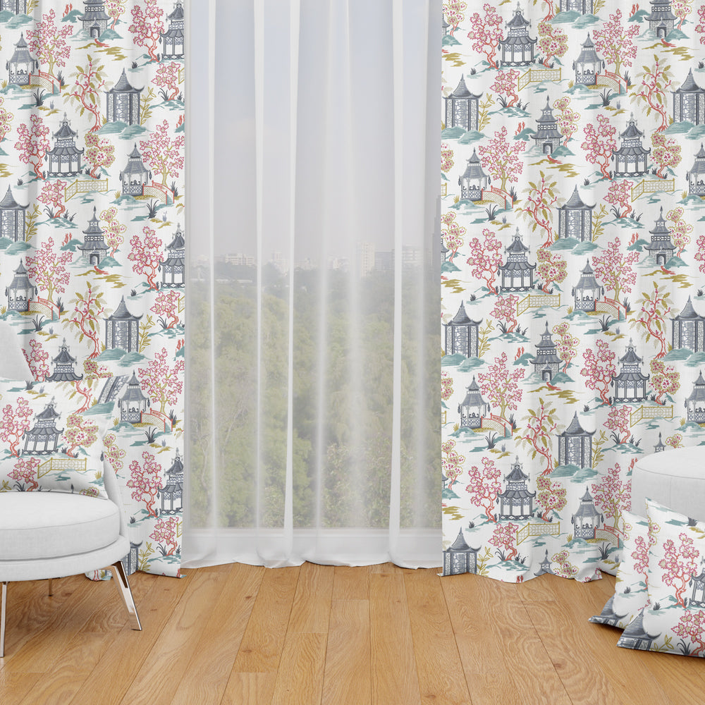 Back Tab Curtain Panels Pair in Shoji Summer Oriental Toile, Multicolor Chinoiserie