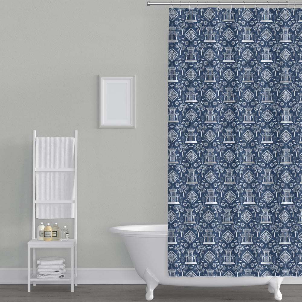 Stall (Narrow) Shower Curtain in Spirit Regal Navy Blue Oriental Toile