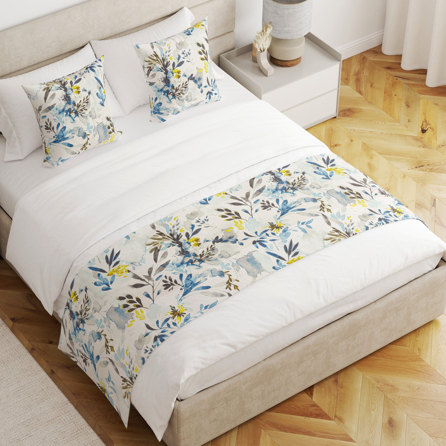 Bed Runner in Sprigs Blue Wave Floral Watercolor