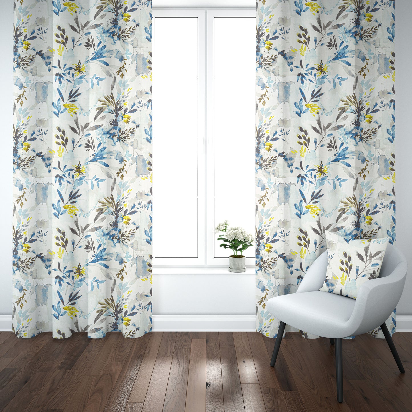 Tab Top Curtain Panels Pair in Sprigs Blue Wave Floral Watercolor