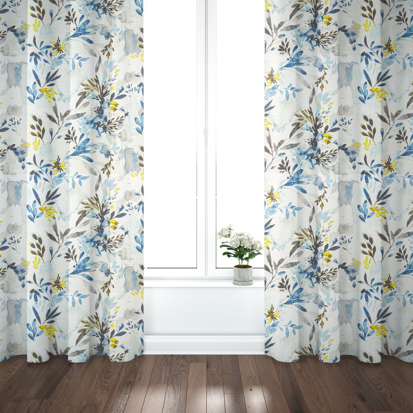 Pinch Pleated Curtain Panels Pair in Sprigs Blue Wave Floral Watercolor