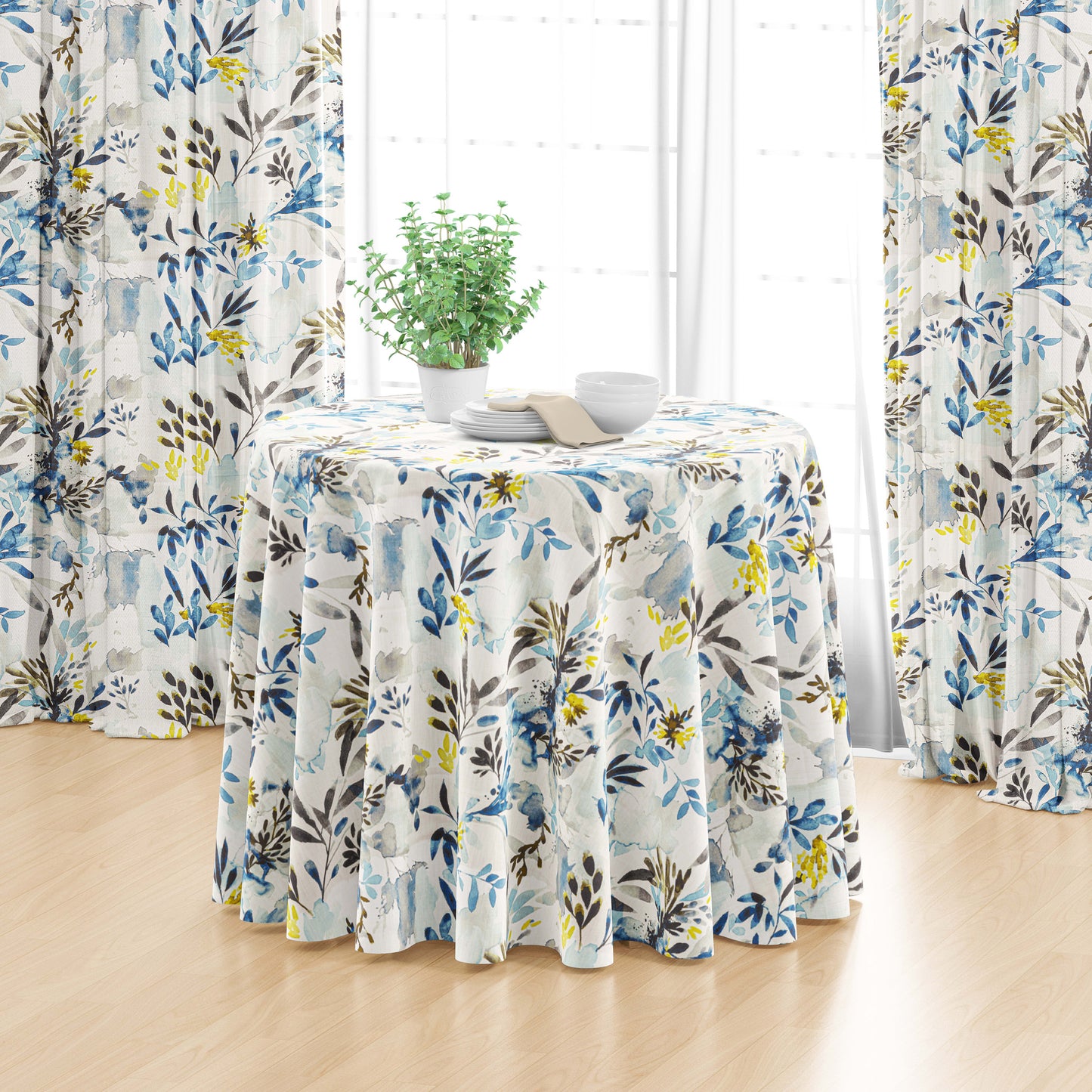 Round Tablecloth in Sprigs Blue Wave Floral Watercolor