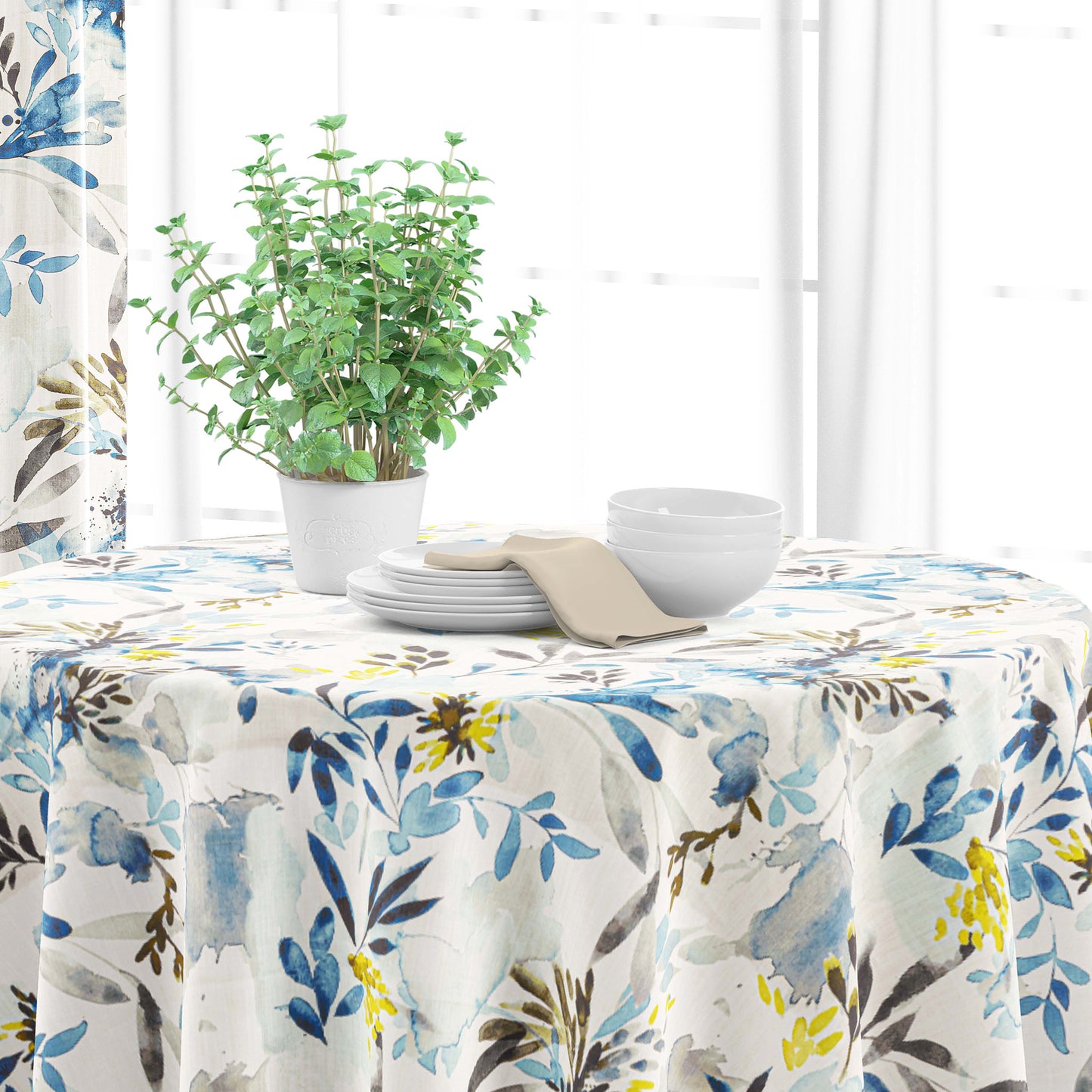 Round Tablecloth in Sprigs Blue Wave Floral Watercolor