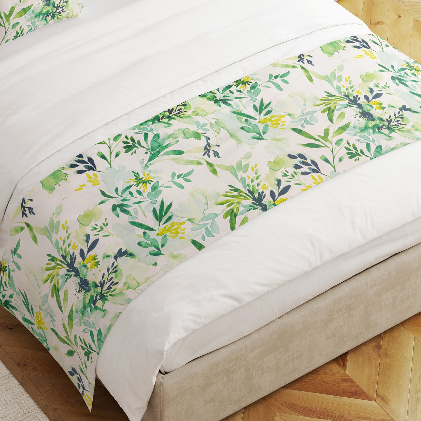 Bed Runner in Sprigs Meadow Green Floral Watercolor