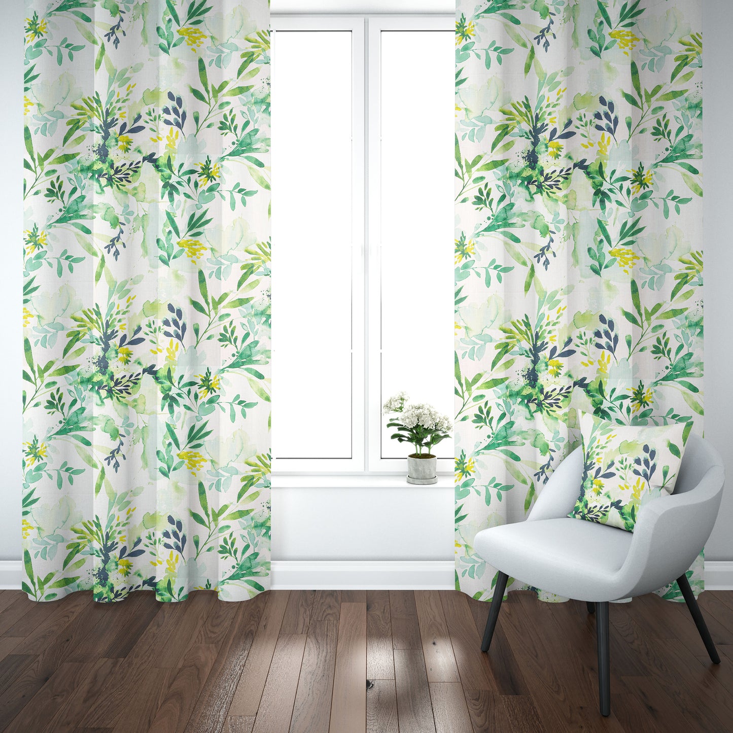 Tab Top Curtain Panels Pair in Sprigs Meadow Green Floral Watercolor