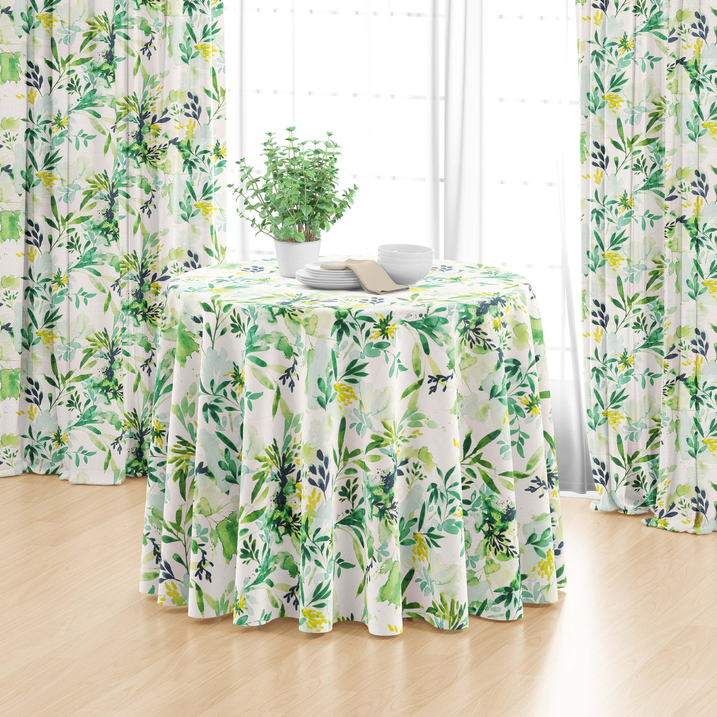 Round Tablecloth in Sprigs Meadow Green Floral Watercolor