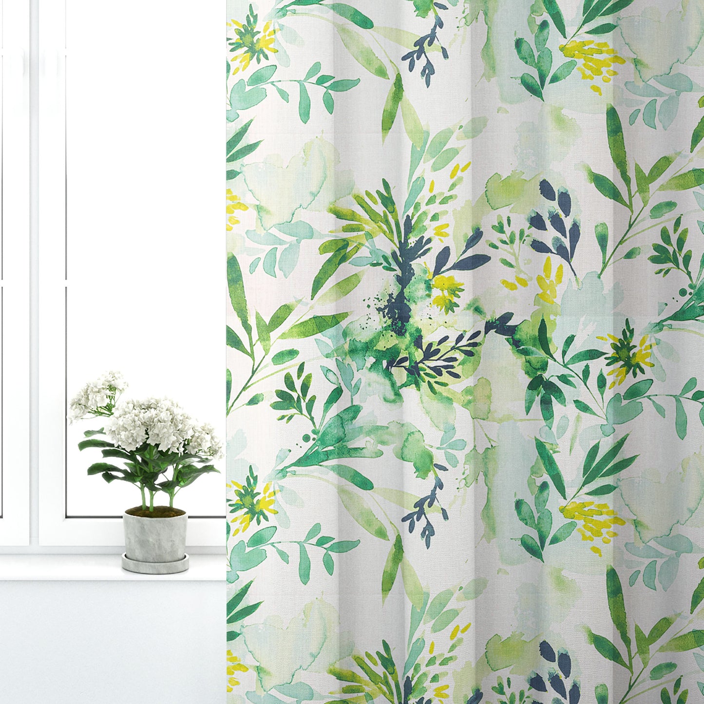 Pinch Pleated Curtain Panels Pair in Sprigs Meadow Green Floral Watercolor