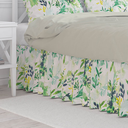 Gathered Bedskirt in Sprigs Meadow Green Floral Watercolor