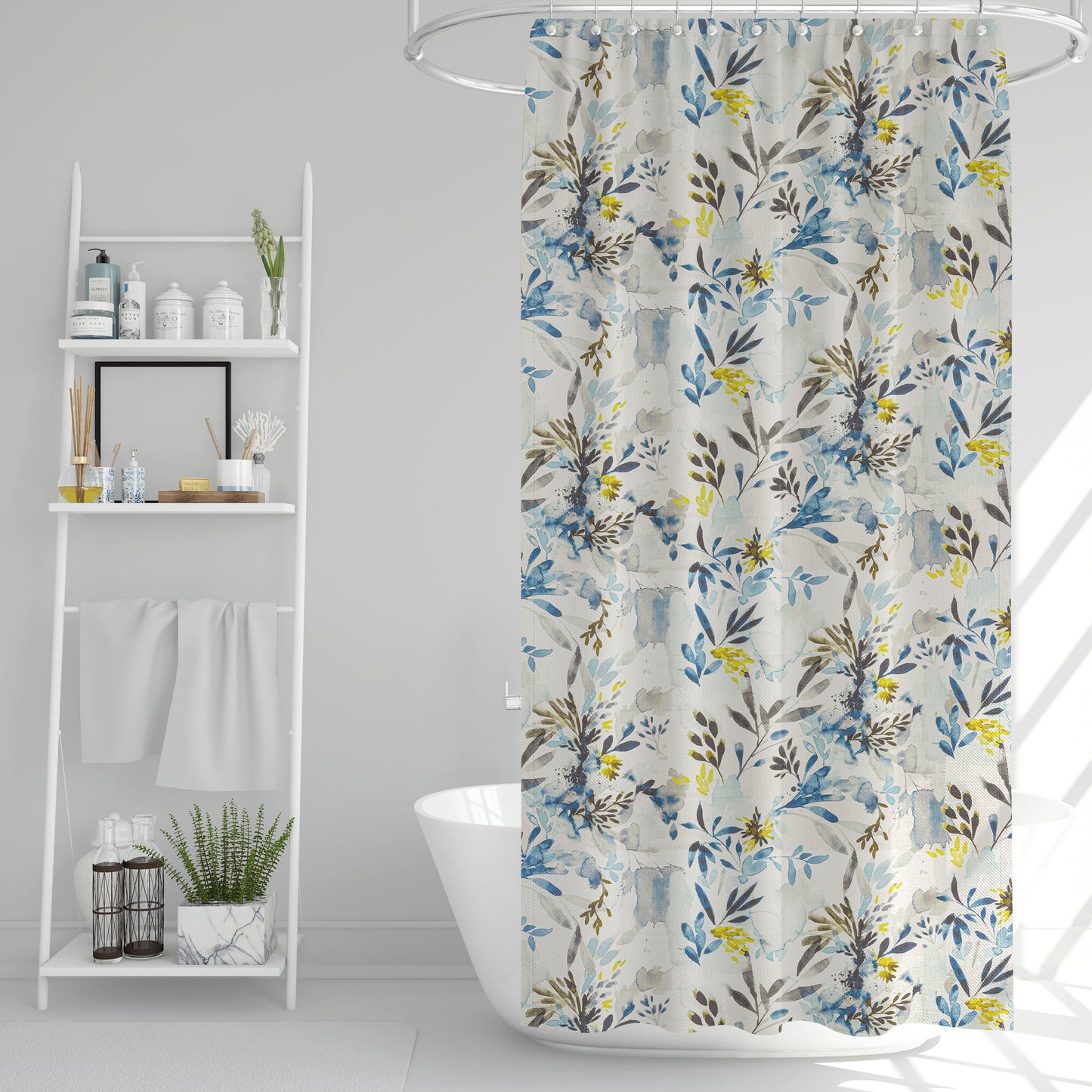 Shower Curtain in Sprigs Blue Wave Floral Watercolor