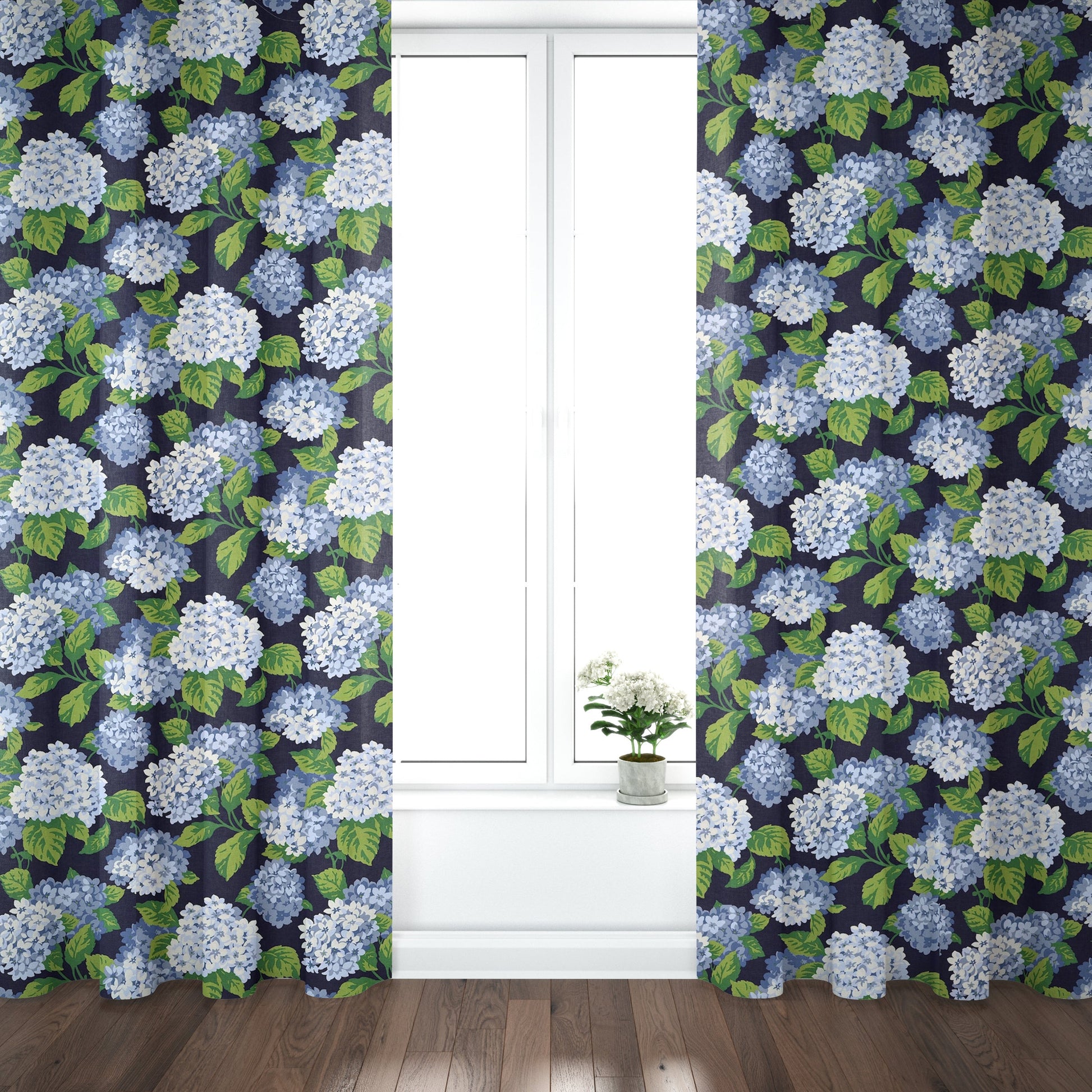 Back Tab Curtain Panels Pairs in Summerwind Navy Blue Hydrangea Floral, Large Scale