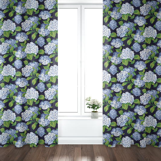 Back Tab Curtain Panels Pairs in Summerwind Navy Blue Hydrangea Floral, Large Scale