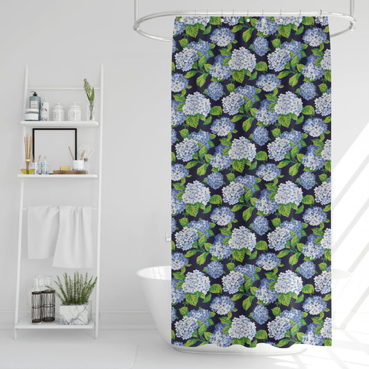 Stall (Narrow) Shower Curtain in Summerwind Navy Blue Hydrangea Floral, Large Scale