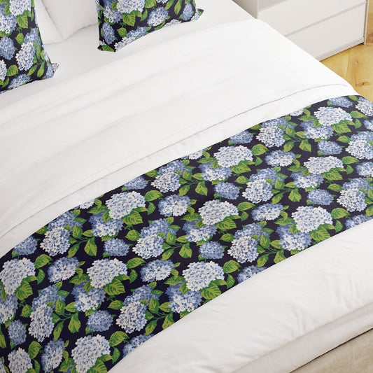 Bed Runner in Summerwind Navy Blue Hydrangea Floral, Large Scale