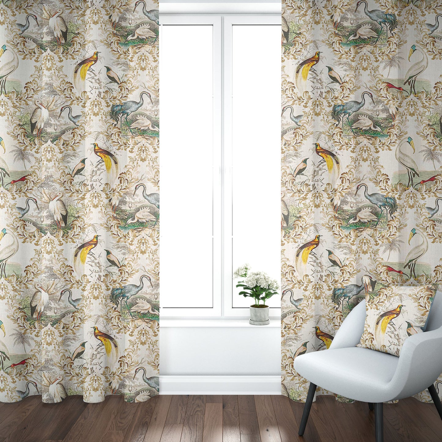 Back Tab Curtain Panels Pair in Wayward Natural Bird Toile
