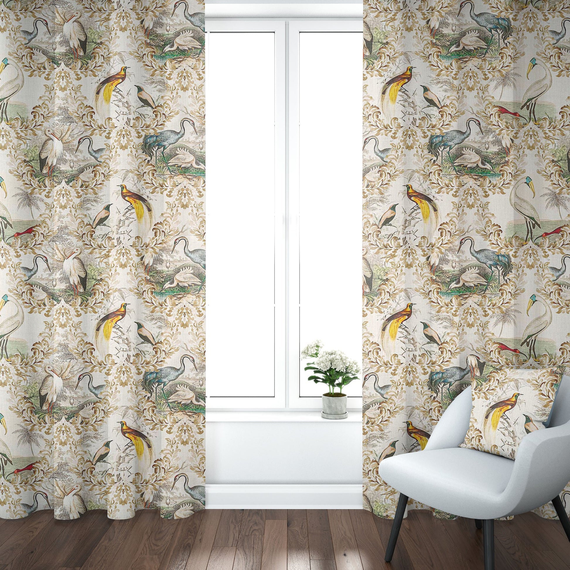 Back Tab Curtain Panels Pair in Wayward Natural Bird Toile