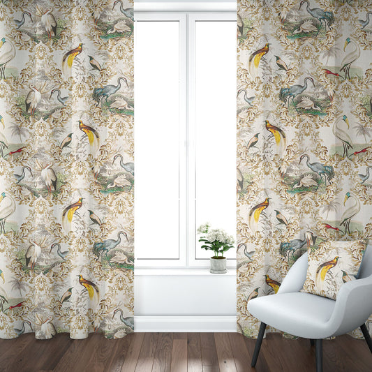 Back Tab Curtain Panels Pair in Wayward Natural Bird Toile