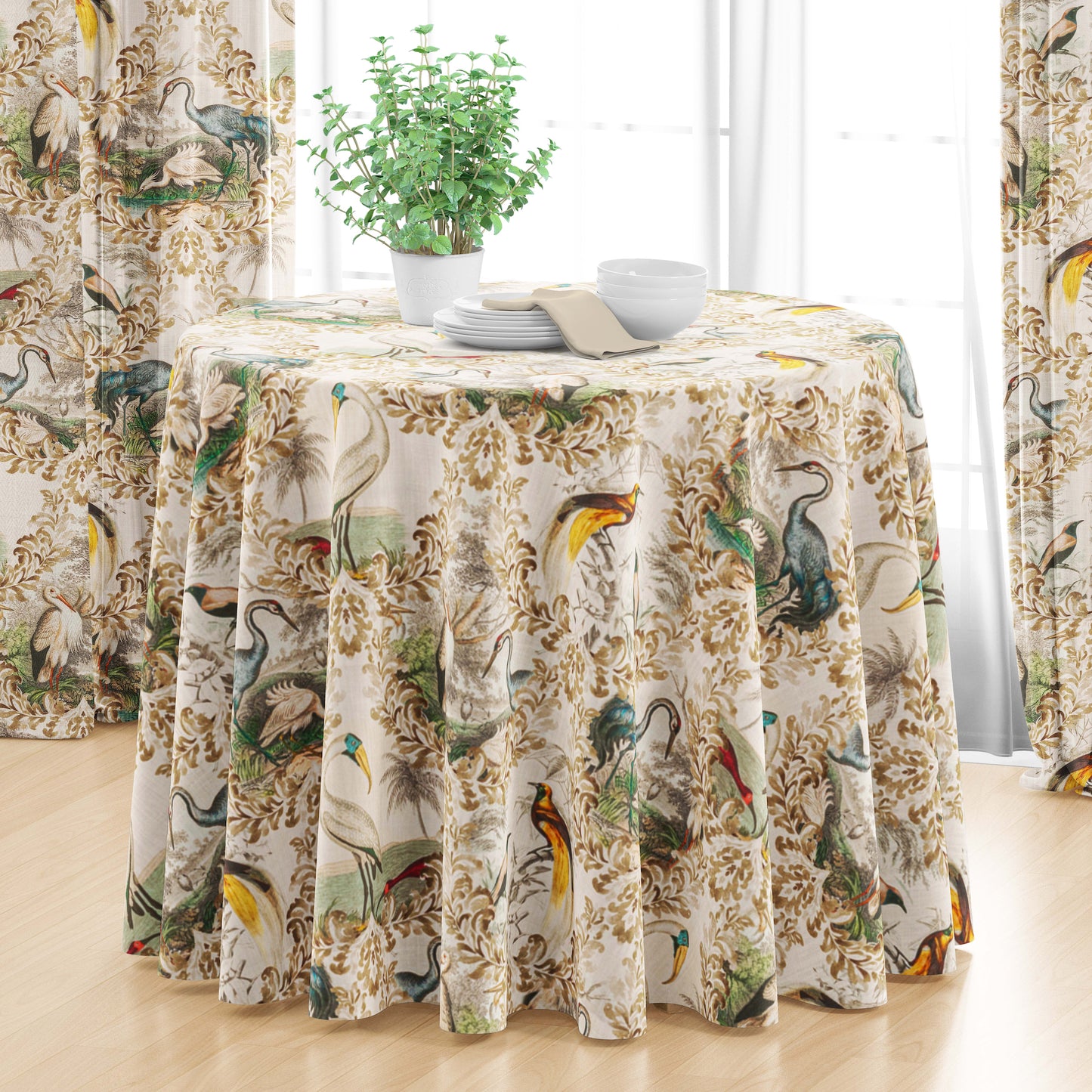 Round Tablecloth in Wayward Natural Bird Toile